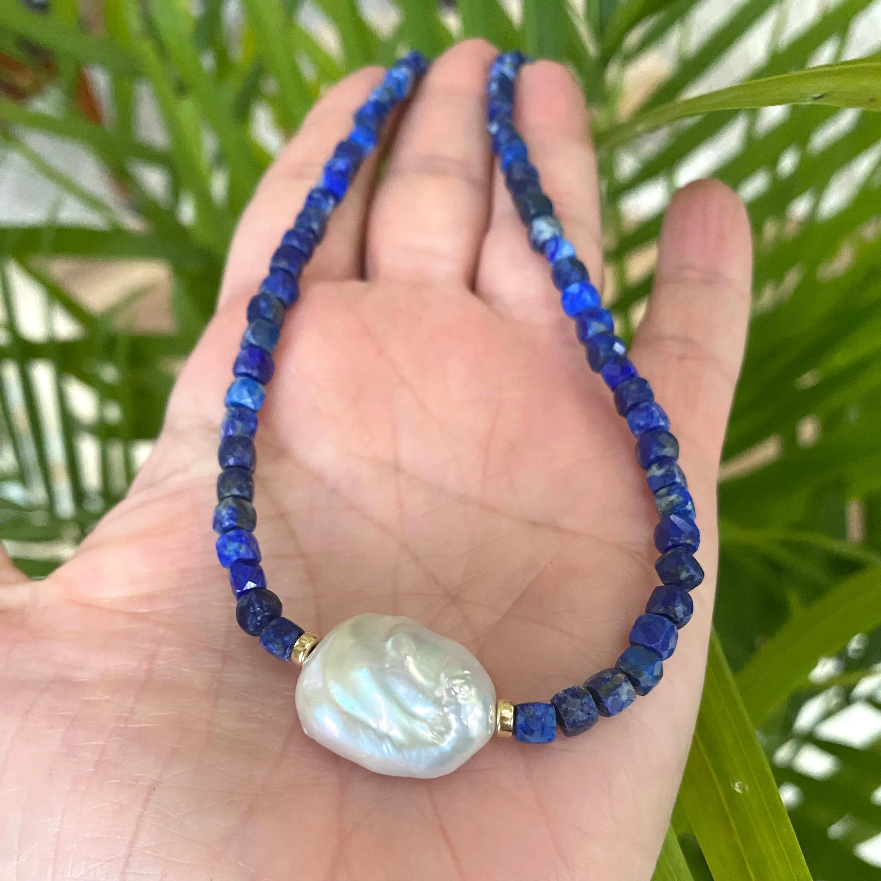 Delicate Lapis Lazuli Beaded Necklace with Fresh Water White Baroque Pearl, 17inches