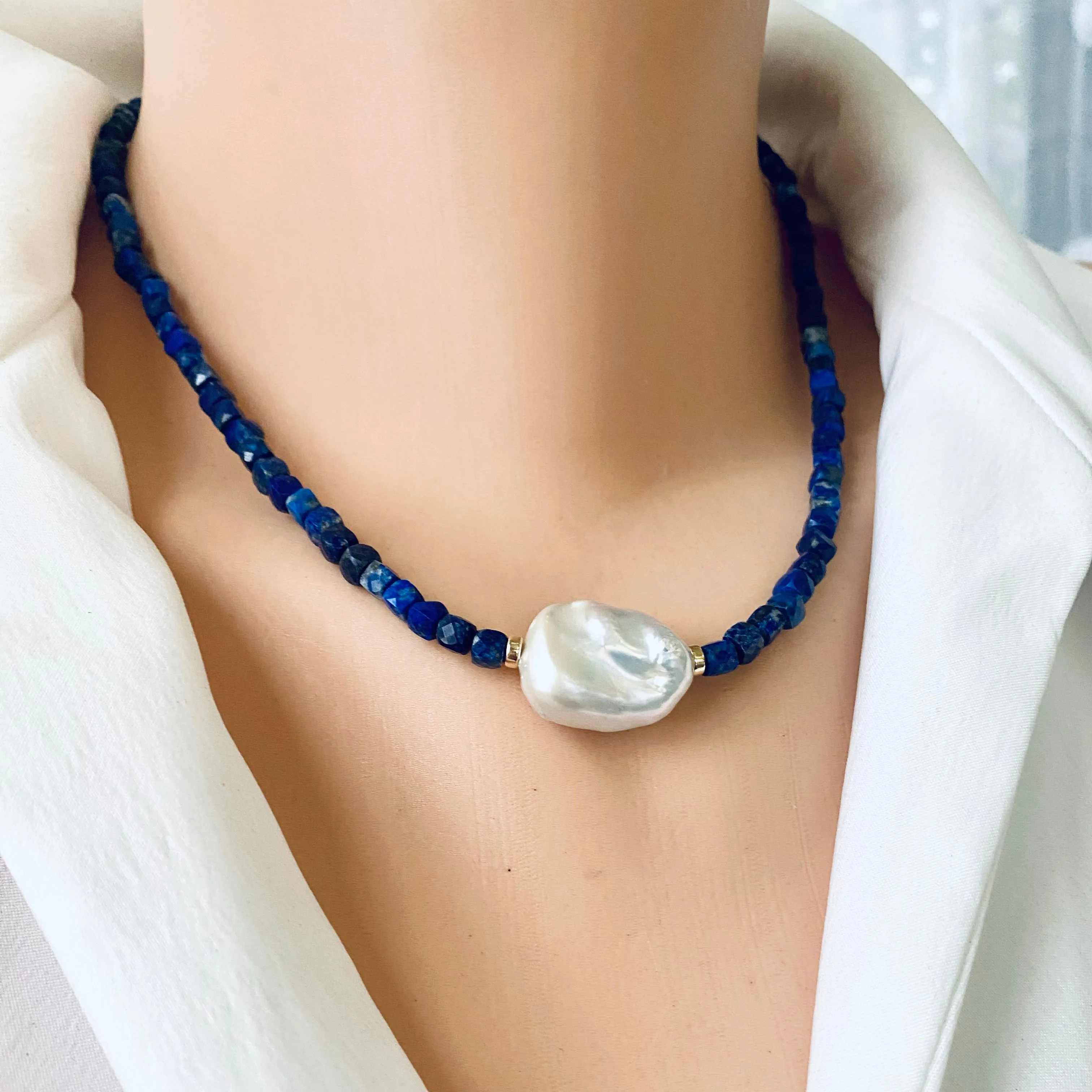 Delicate Lapis Lazuli Beaded Necklace with Fresh Water White Baroque Pearl, 17inches