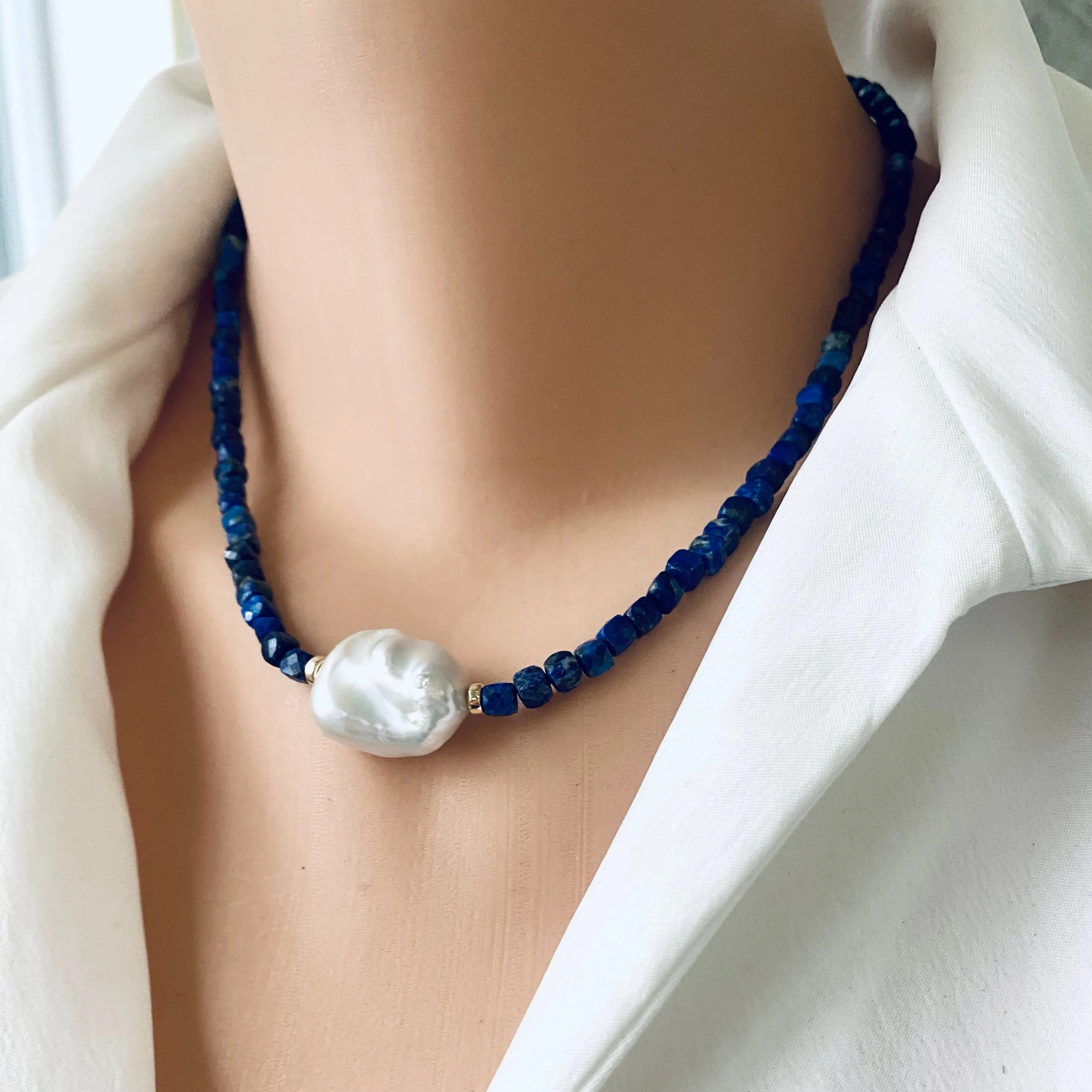 Delicate Lapis Lazuli Beaded Necklace with Fresh Water White Baroque Pearl, 17inches