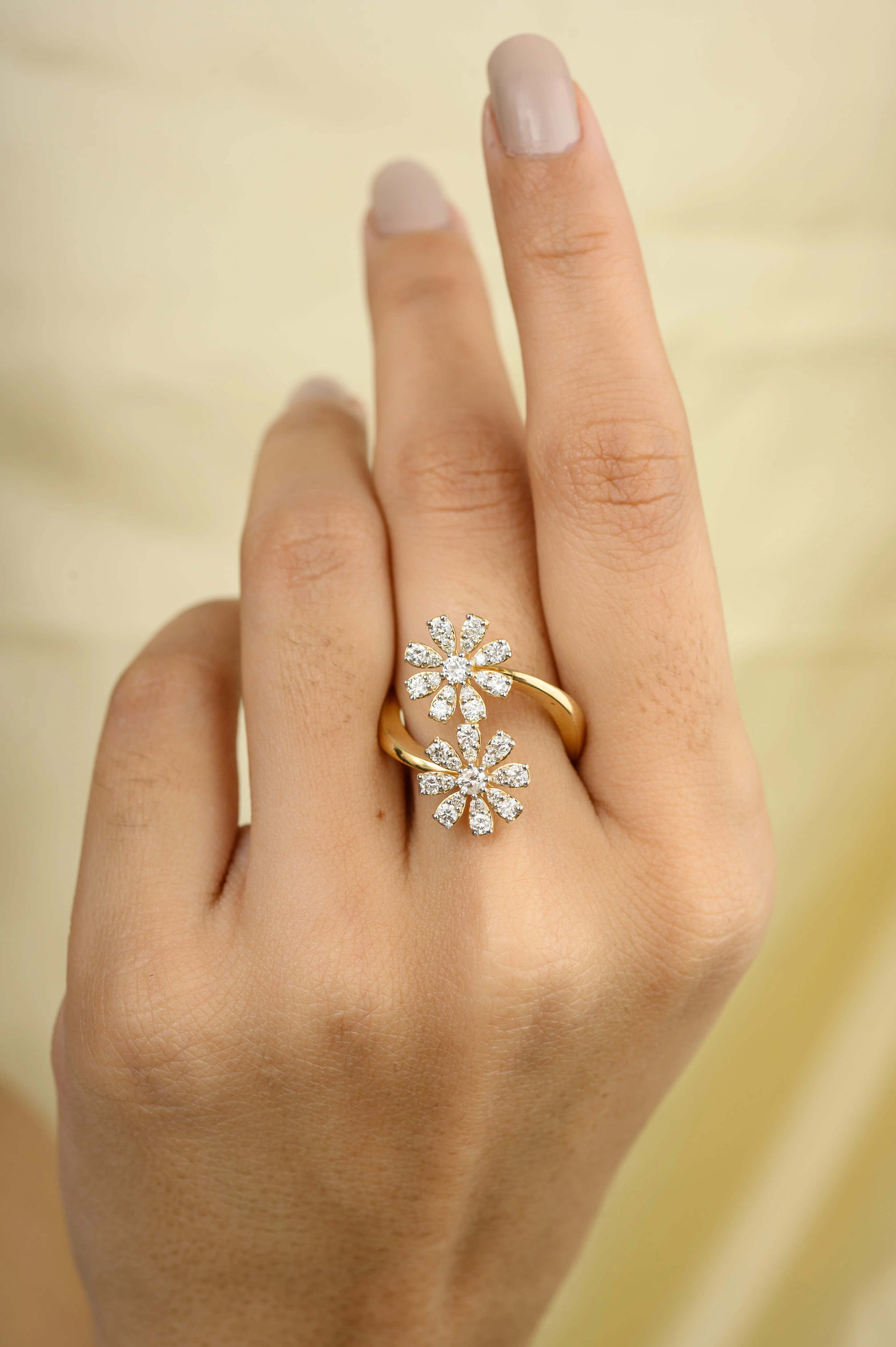 Diamond Flower By Pass Ring in 18k Yellow Gold