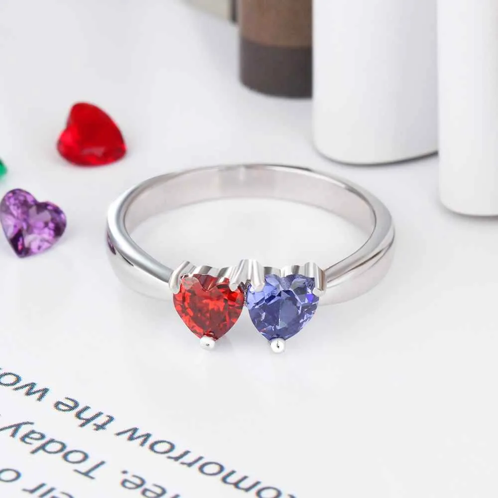 Double Heart Personalized Ring Custom Engrave Names & Birthstone Promise Rings 925 Sterling Silver Jewelry