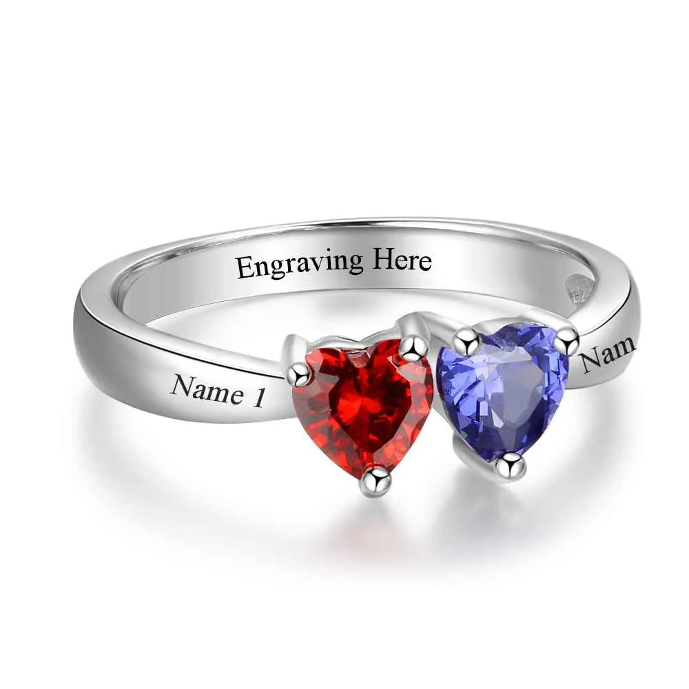 Double Heart Personalized Ring Custom Engrave Names & Birthstone Promise Rings 925 Sterling Silver Jewelry