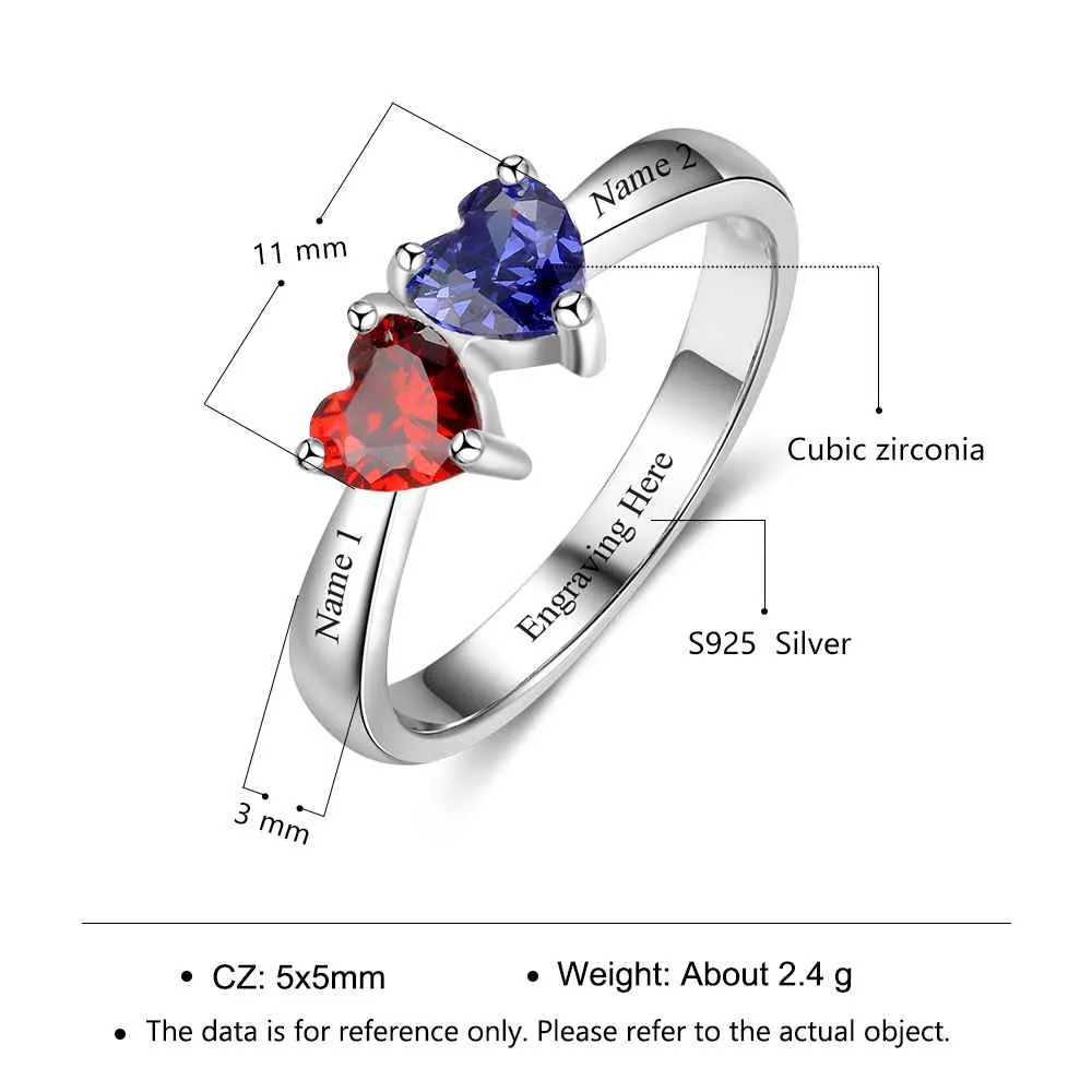 Double Heart Personalized Ring Custom Engrave Names & Birthstone Promise Rings 925 Sterling Silver Jewelry