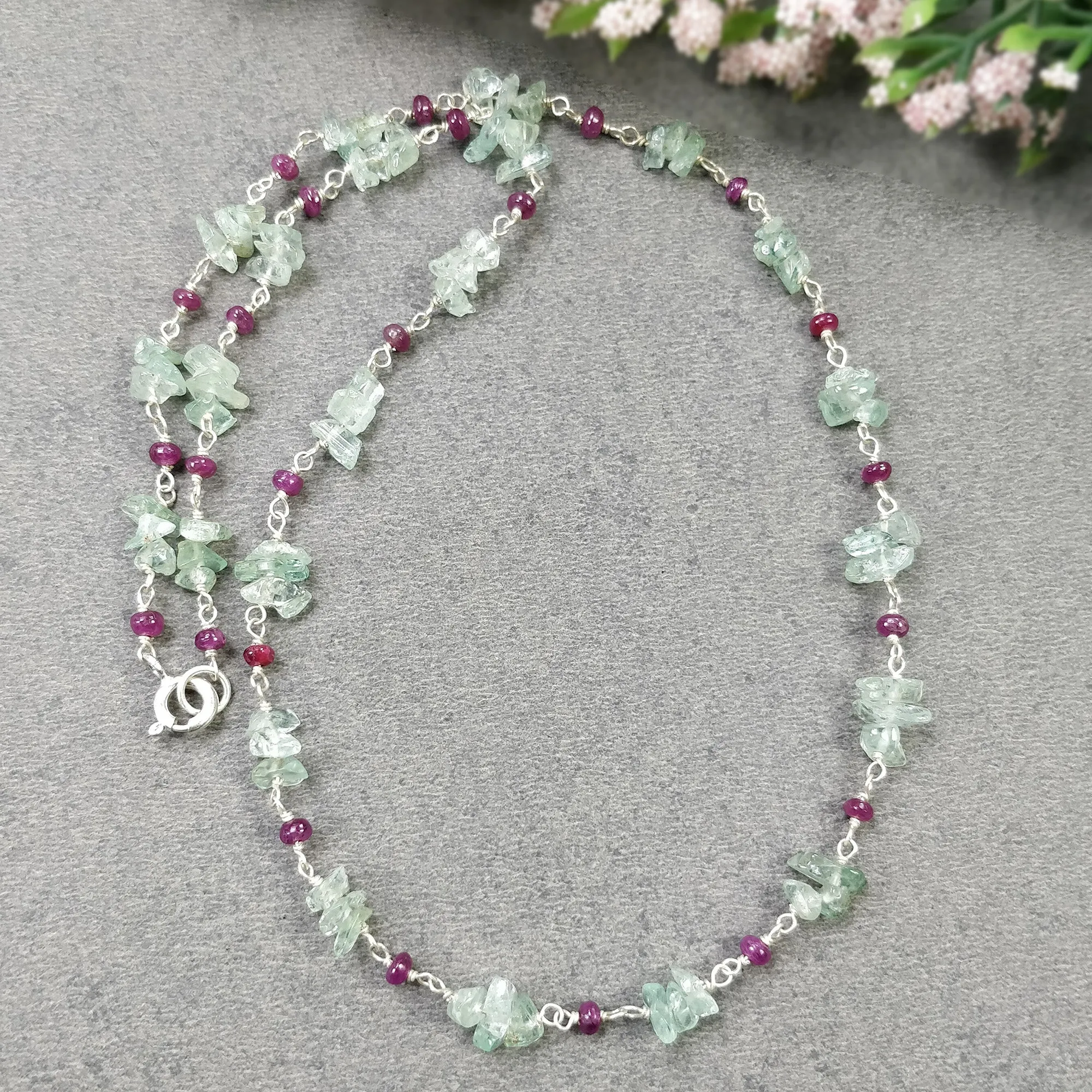 EMERALD And RUBY Gemstones Raw Uncut Beads : 925 Sterling Silver Natural Emerald Ruby Chain NECKLACE 16" Statement Gift For Her