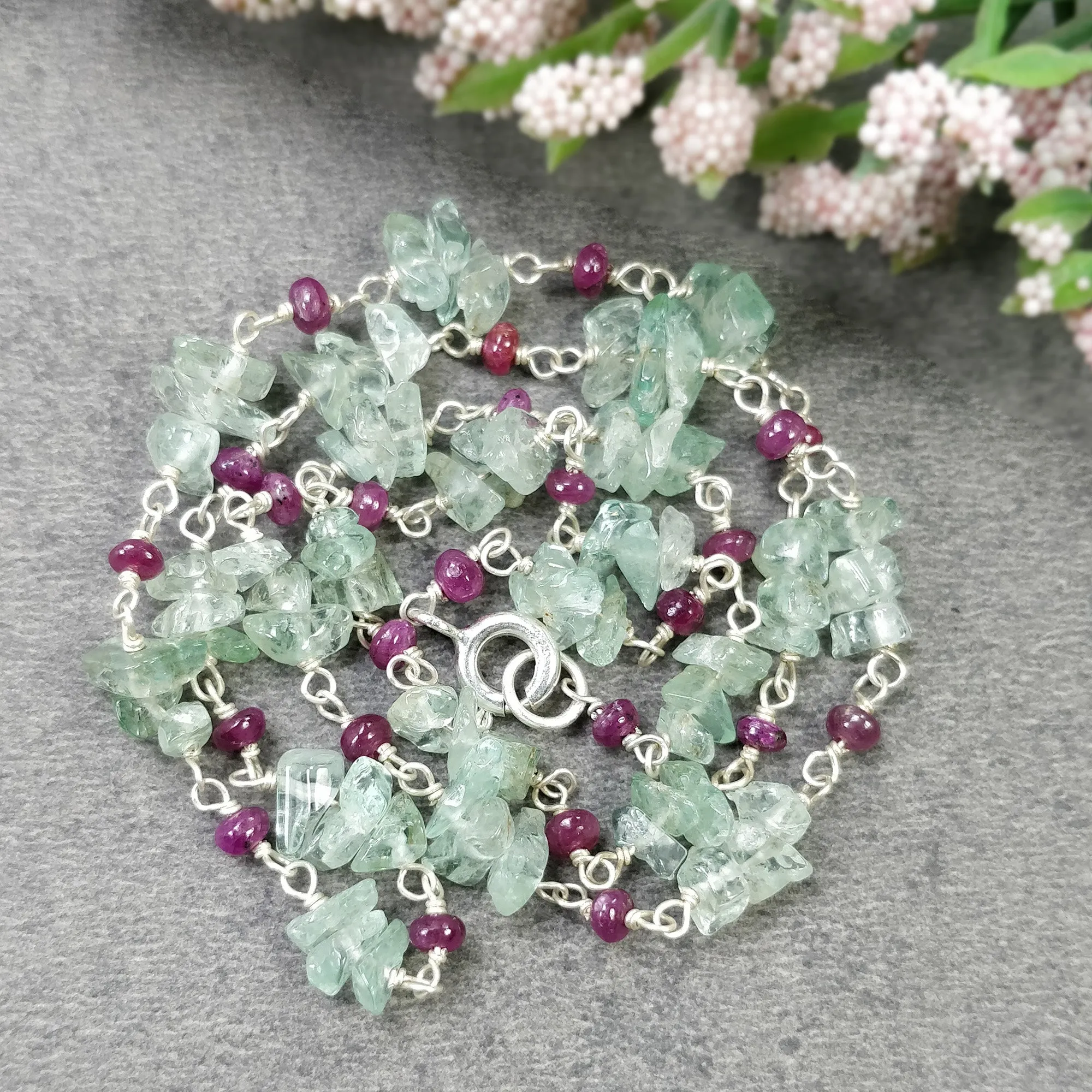 EMERALD And RUBY Gemstones Raw Uncut Beads : 925 Sterling Silver Natural Emerald Ruby Chain NECKLACE 16" Statement Gift For Her