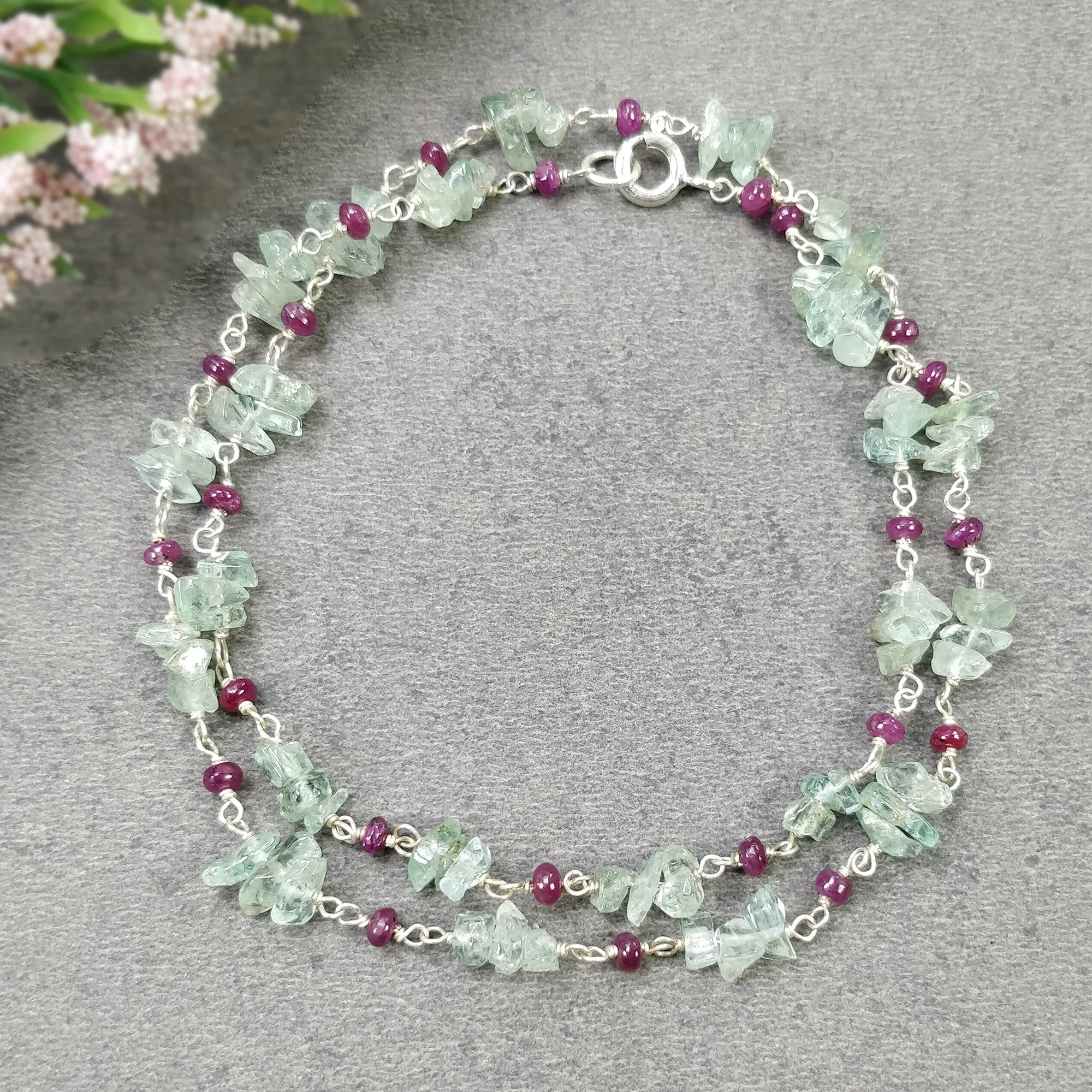 EMERALD And RUBY Gemstones Raw Uncut Beads : 925 Sterling Silver Natural Emerald Ruby Chain NECKLACE 16" Statement Gift For Her