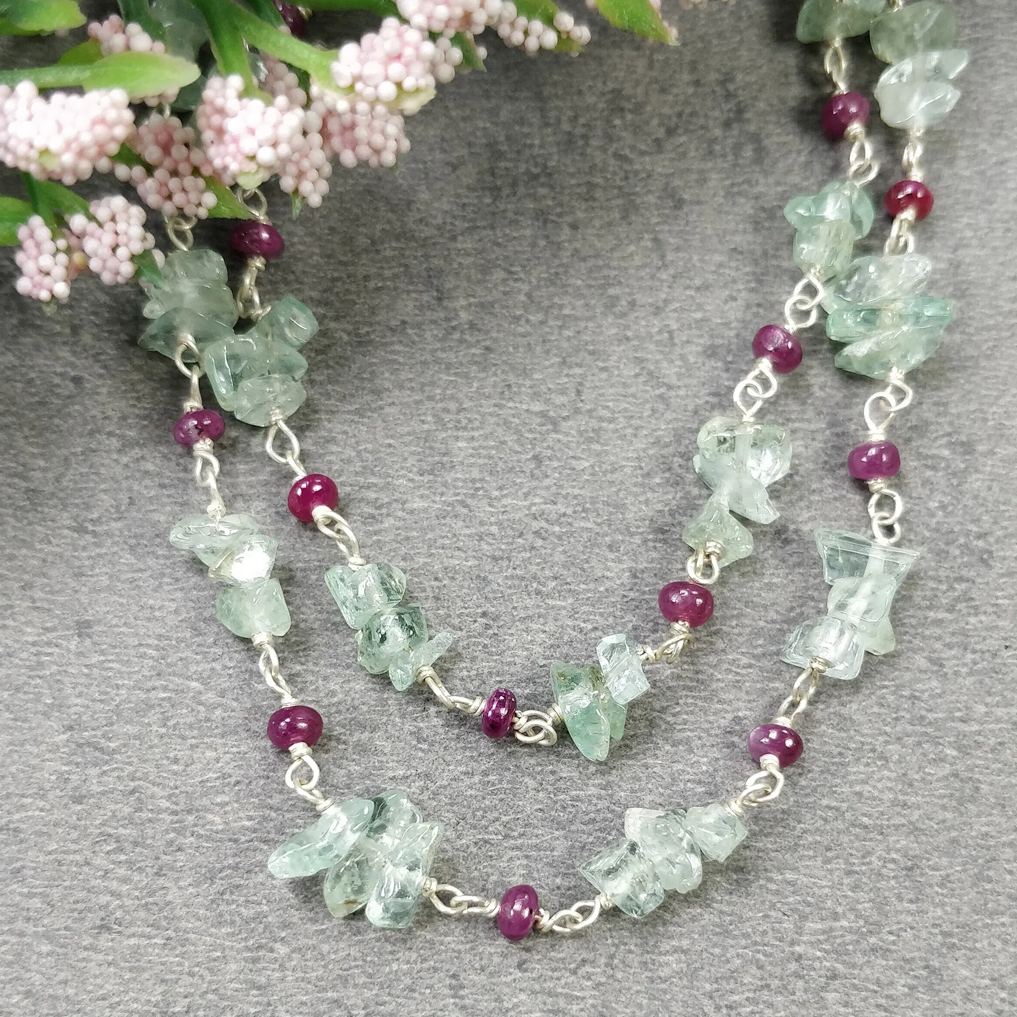 EMERALD And RUBY Gemstones Raw Uncut Beads : 925 Sterling Silver Natural Emerald Ruby Chain NECKLACE 16" Statement Gift For Her