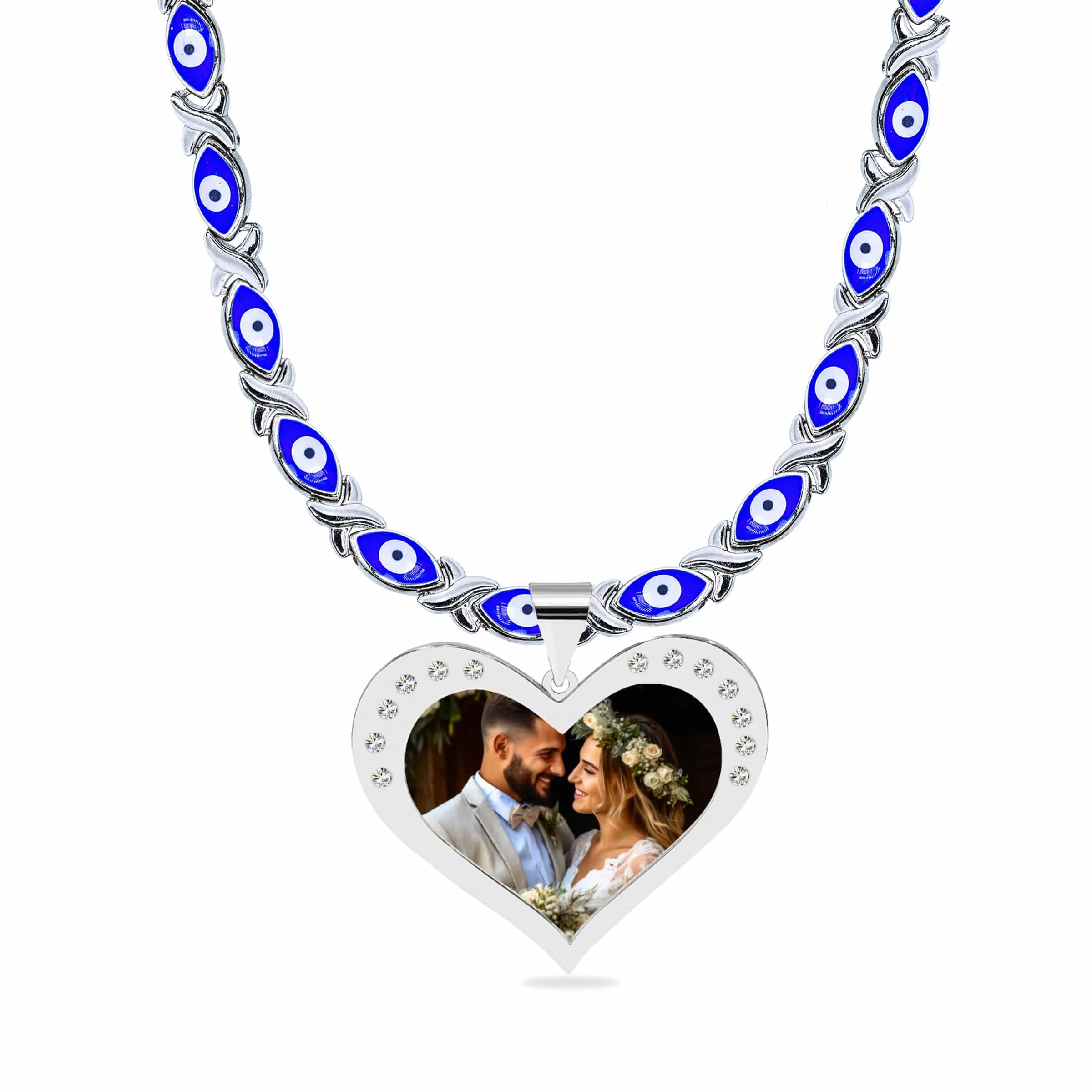 Evil Eye Xo Chain Heart Shaped Photo Pendant With Zirconia