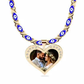 Evil Eye Xo Chain Heart Shaped Photo Pendant With Zirconia