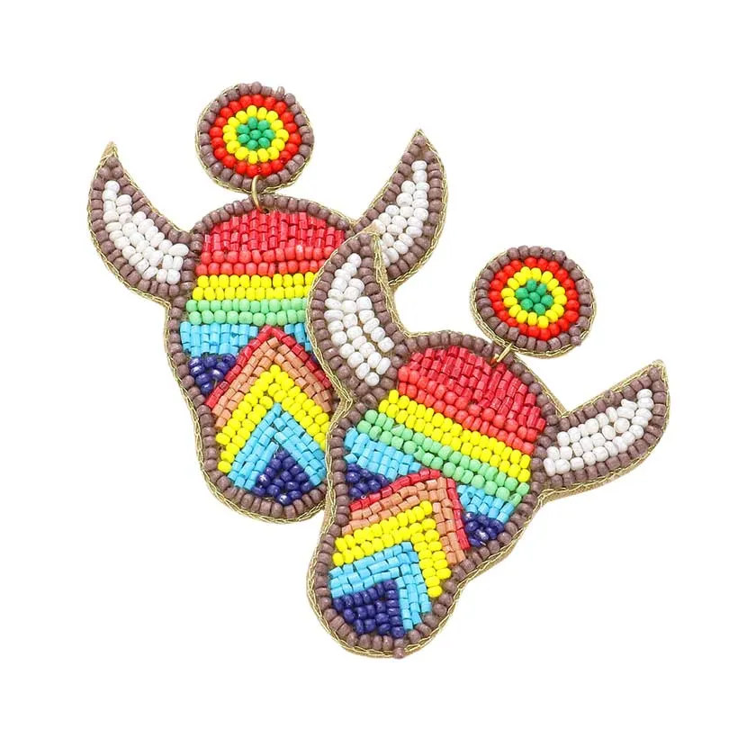 Felt Back Rainbow Seed Beaded Steer Head Dangle Earrings