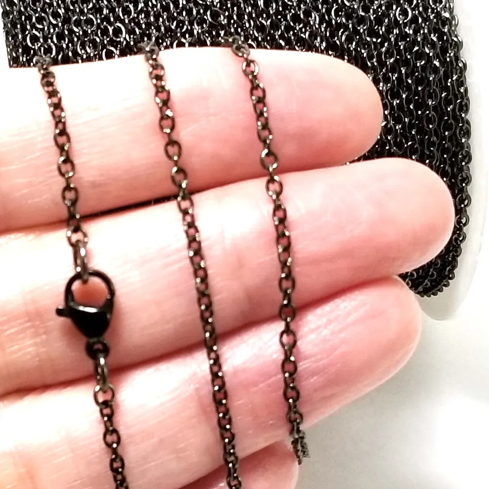 Fine Black Stainless Chain, 2mm Soldered Closed Links, Lot Size 50 Meters on a Spool, #1913 BL