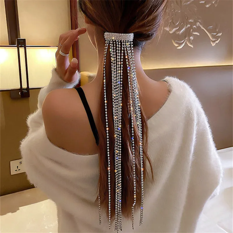 Full Rhinestone Sparkly Crystal Long Tassel Hair Clip Accessory