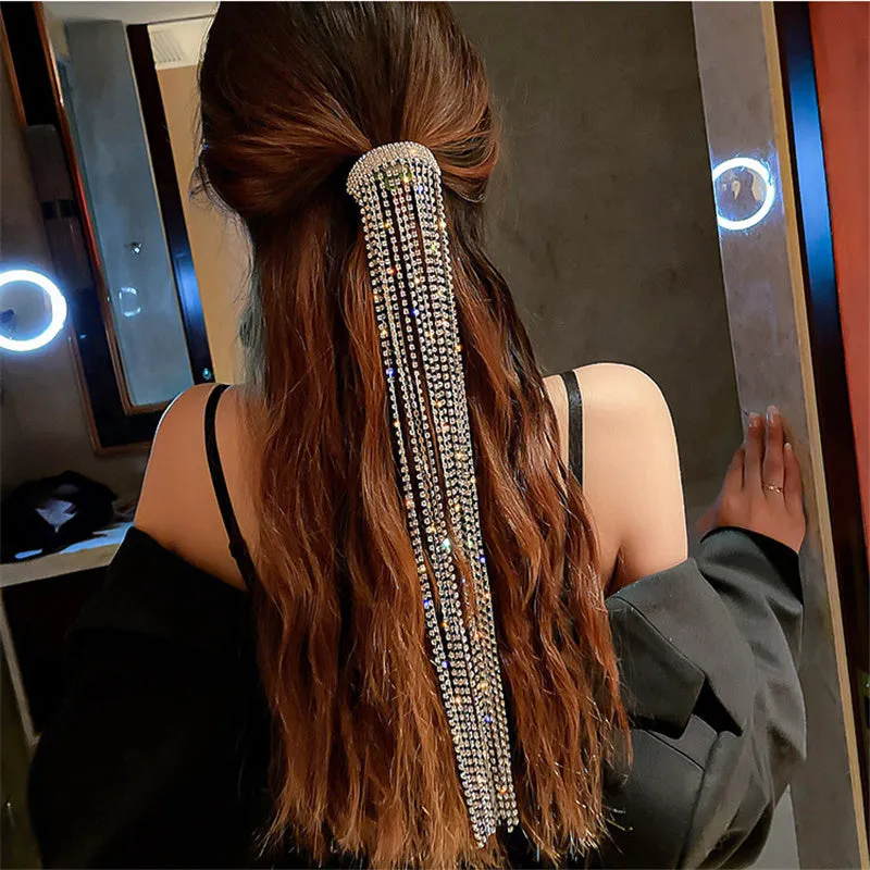 Full Rhinestone Sparkly Crystal Long Tassel Hair Clip Accessory