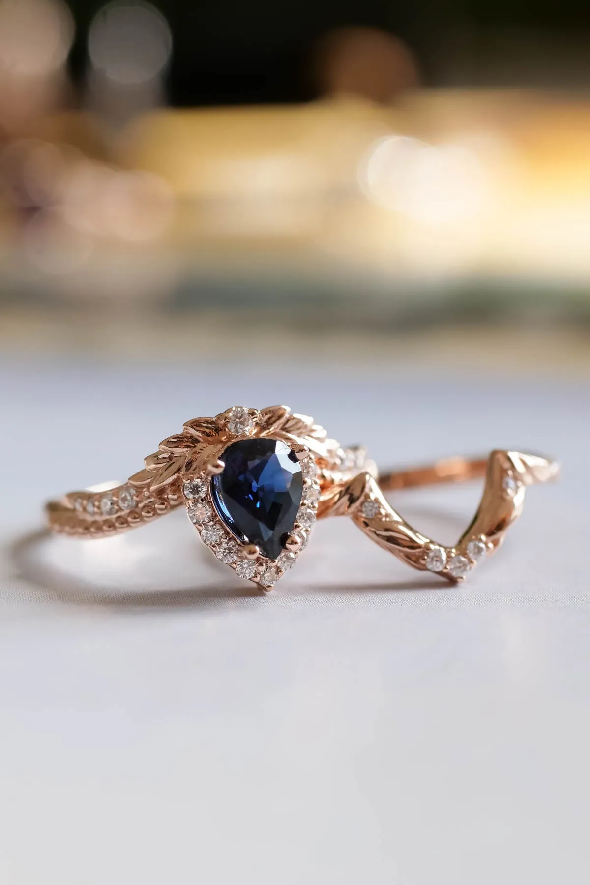 Genuine sapphire engagement ring, rose gold halo engagement ring / Lyonella