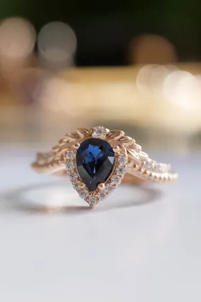 Genuine sapphire engagement ring, rose gold halo engagement ring / Lyonella