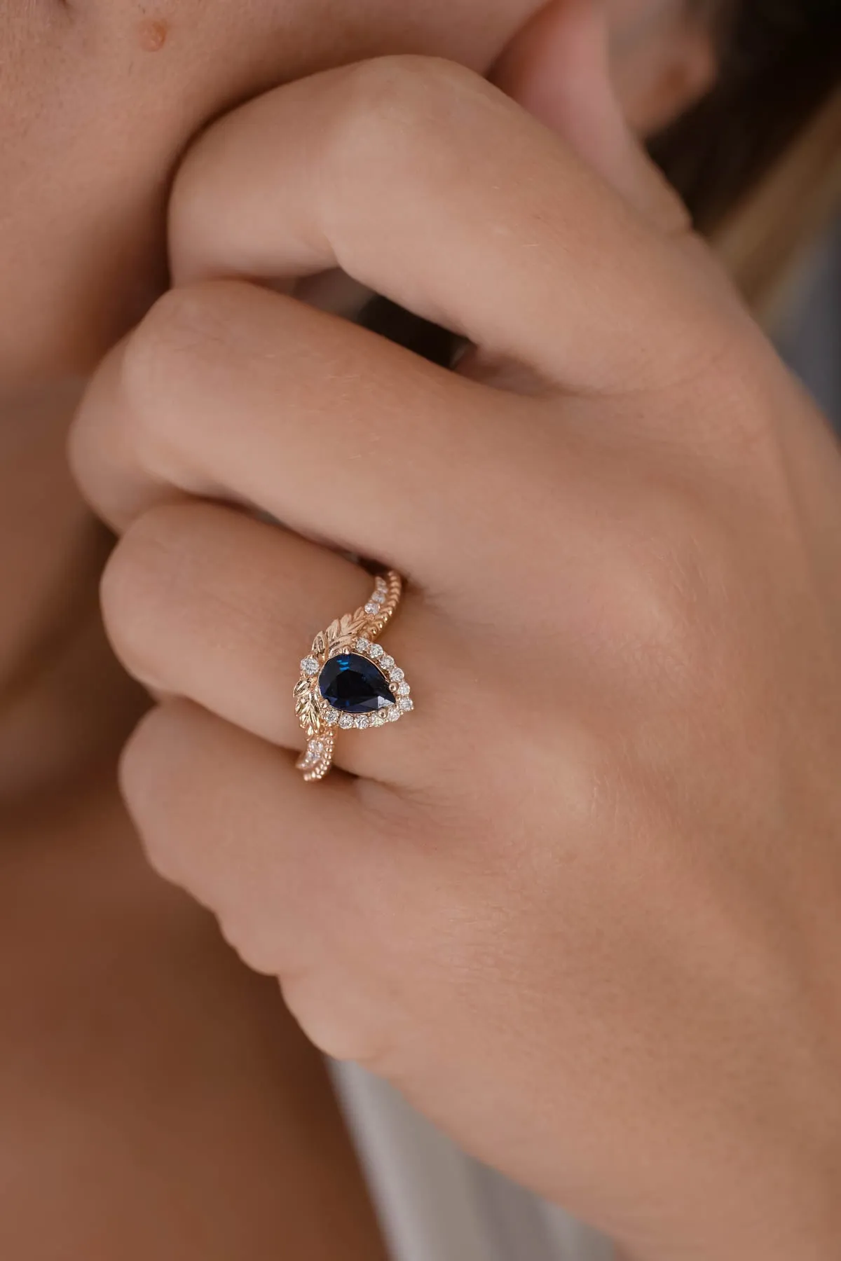 Genuine sapphire engagement ring, rose gold halo engagement ring / Lyonella