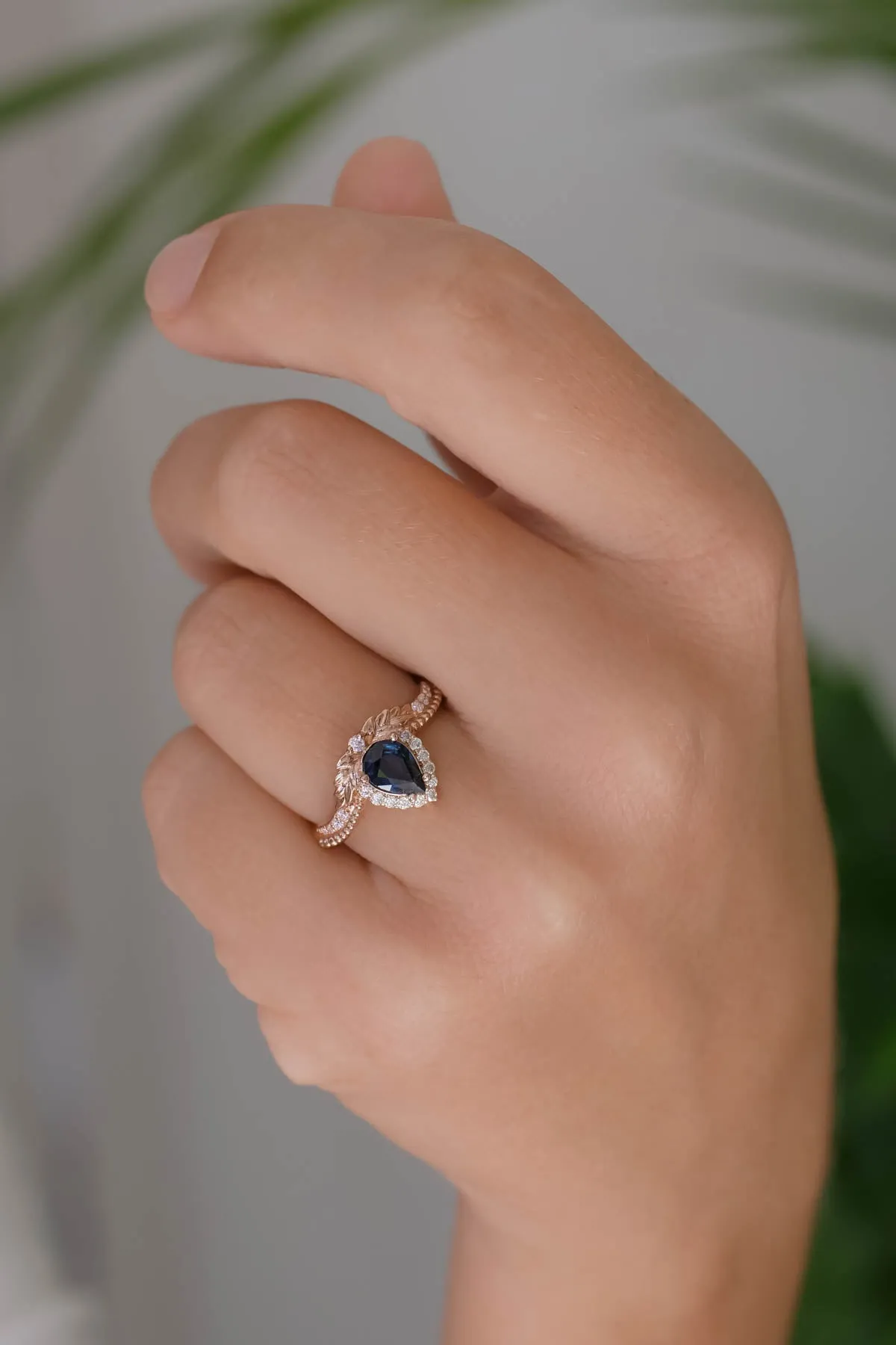 Genuine sapphire engagement ring, rose gold halo engagement ring / Lyonella