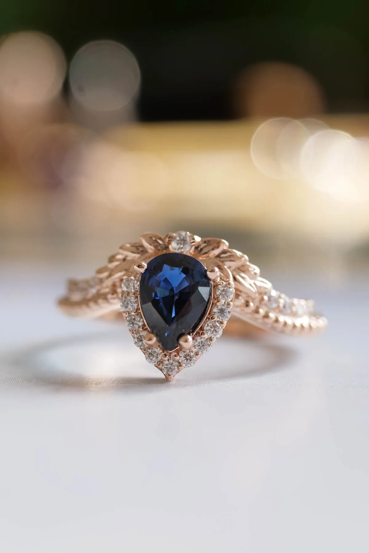 Genuine sapphire engagement ring, rose gold halo engagement ring / Lyonella