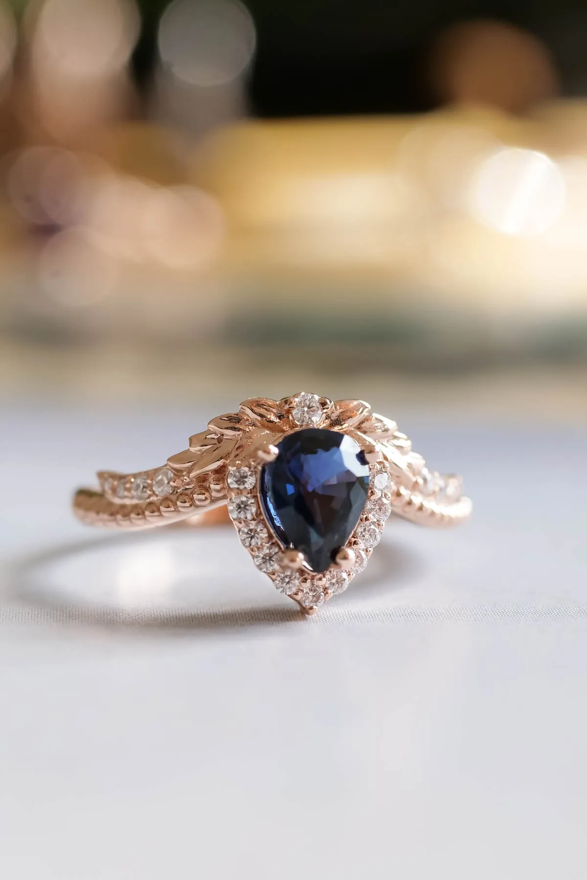 Genuine sapphire engagement ring, rose gold halo engagement ring / Lyonella