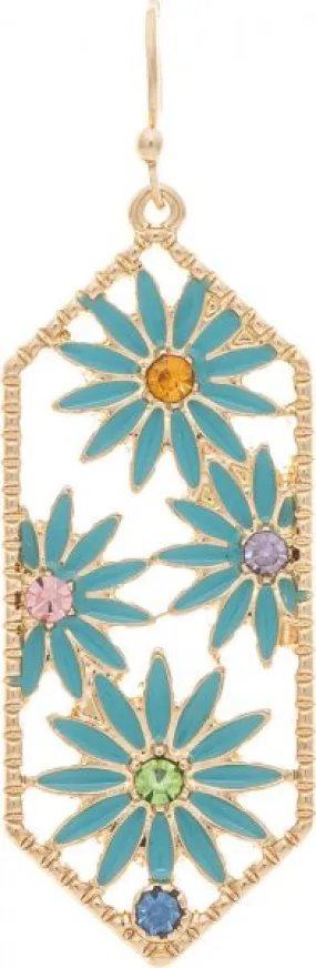 Gold Blue Enamel Flowers Ellipse Earring