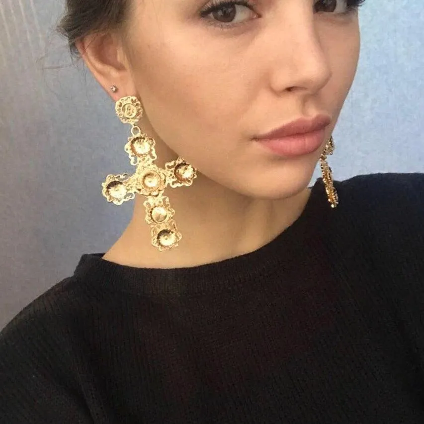 Golden Opulence Cross Earrings