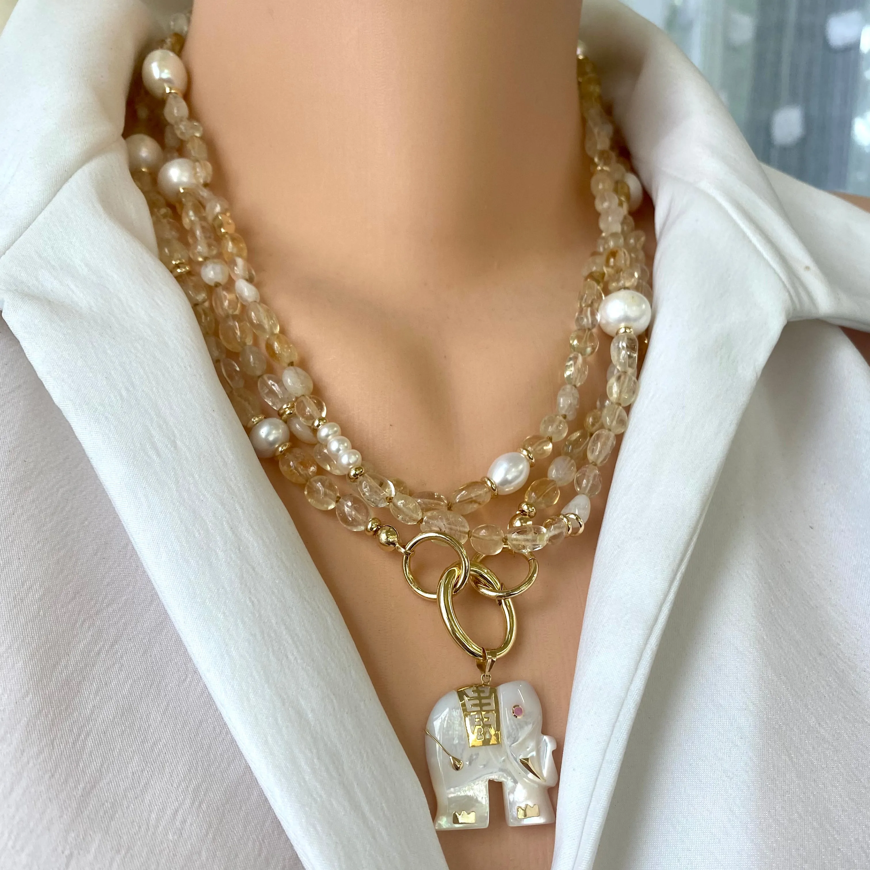 Hand Knotted Baroque Golden Citrine & Freshwater Pearl Necklace, 61 'inches, Gold Plated, November Birthstone