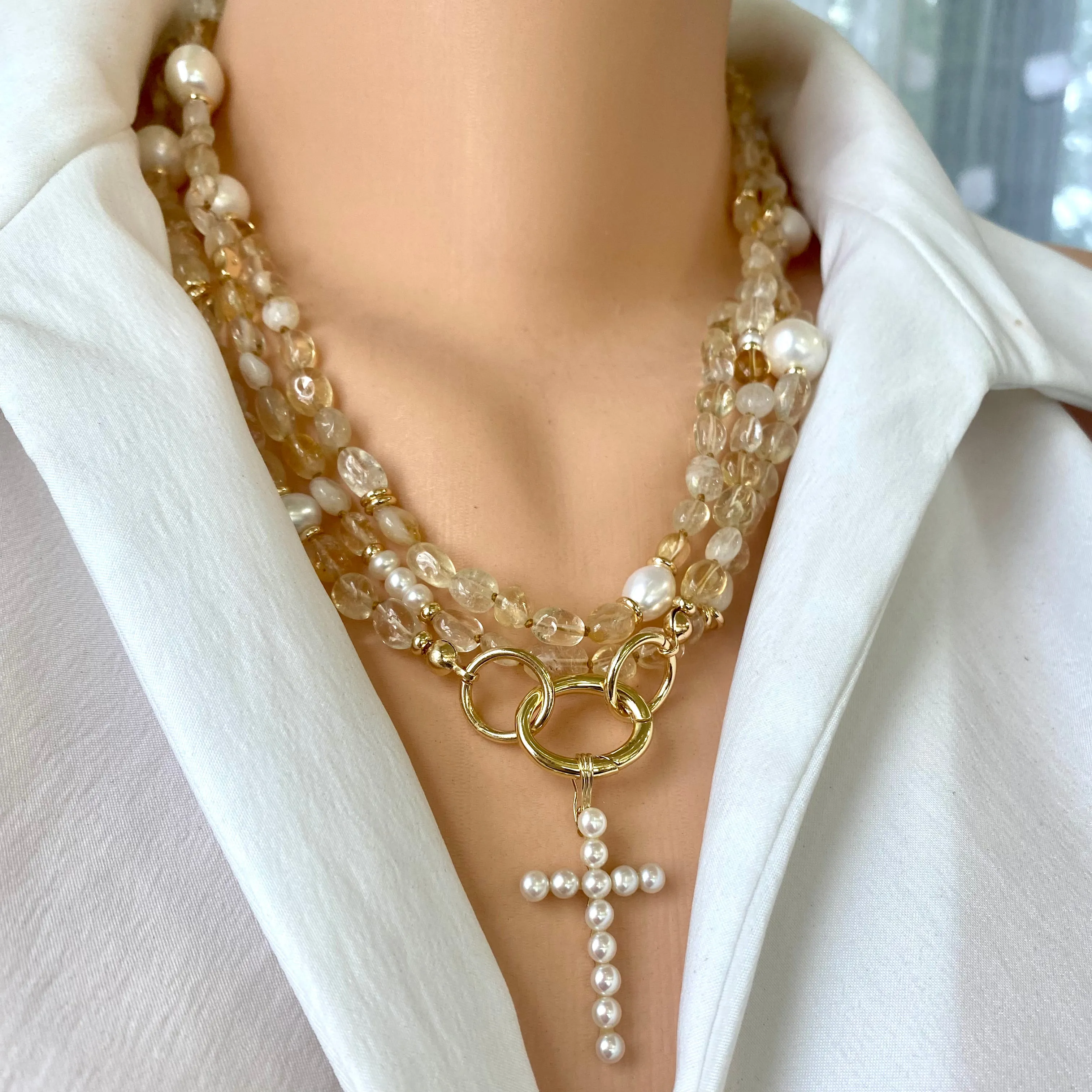 Hand Knotted Baroque Golden Citrine & Freshwater Pearl Necklace, 61 'inches, Gold Plated, November Birthstone