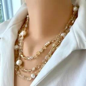 Hand Knotted Baroque Golden Citrine & Freshwater Pearl Necklace, 61 'inches, Gold Plated, November Birthstone