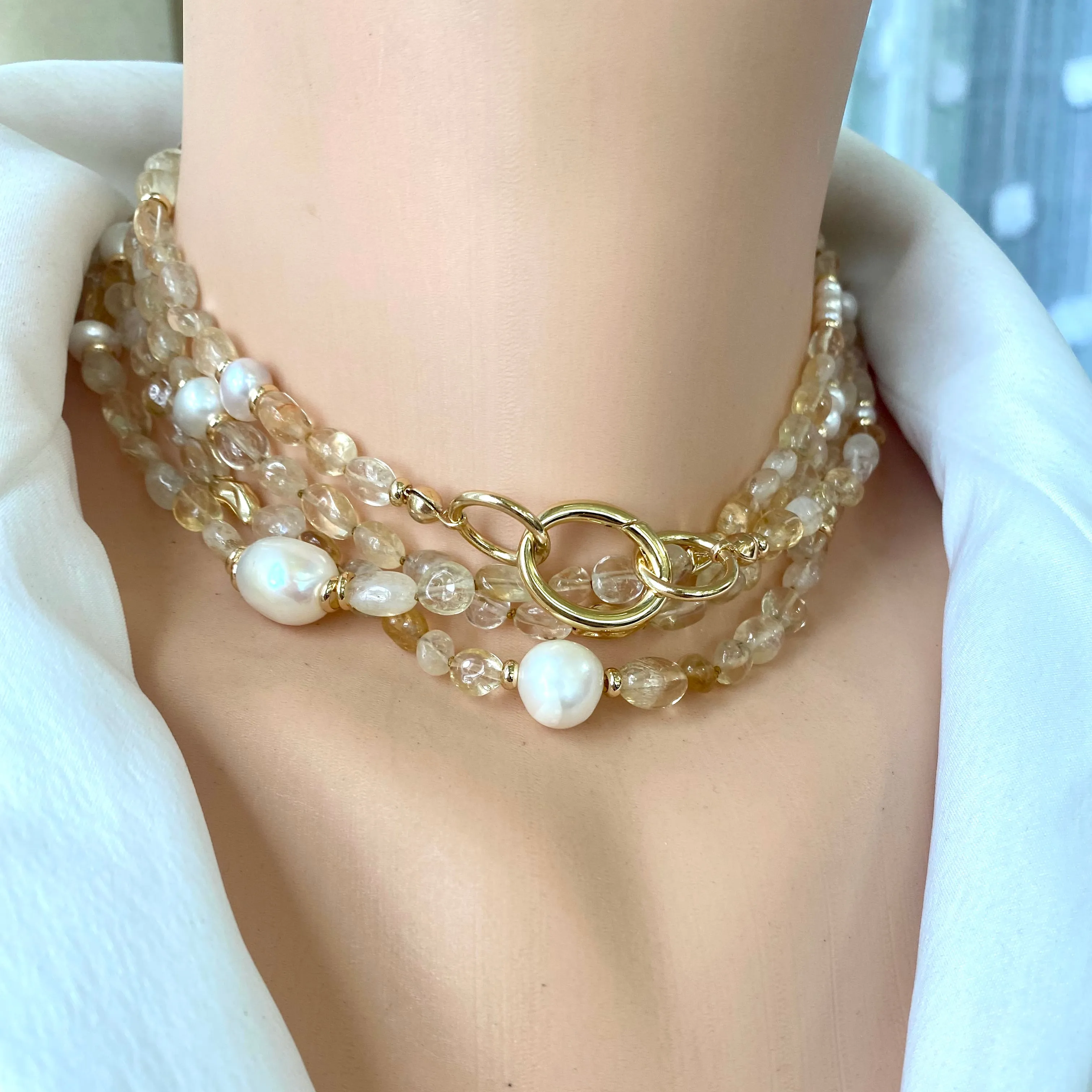 Hand Knotted Baroque Golden Citrine & Freshwater Pearl Necklace, 61 'inches, Gold Plated, November Birthstone