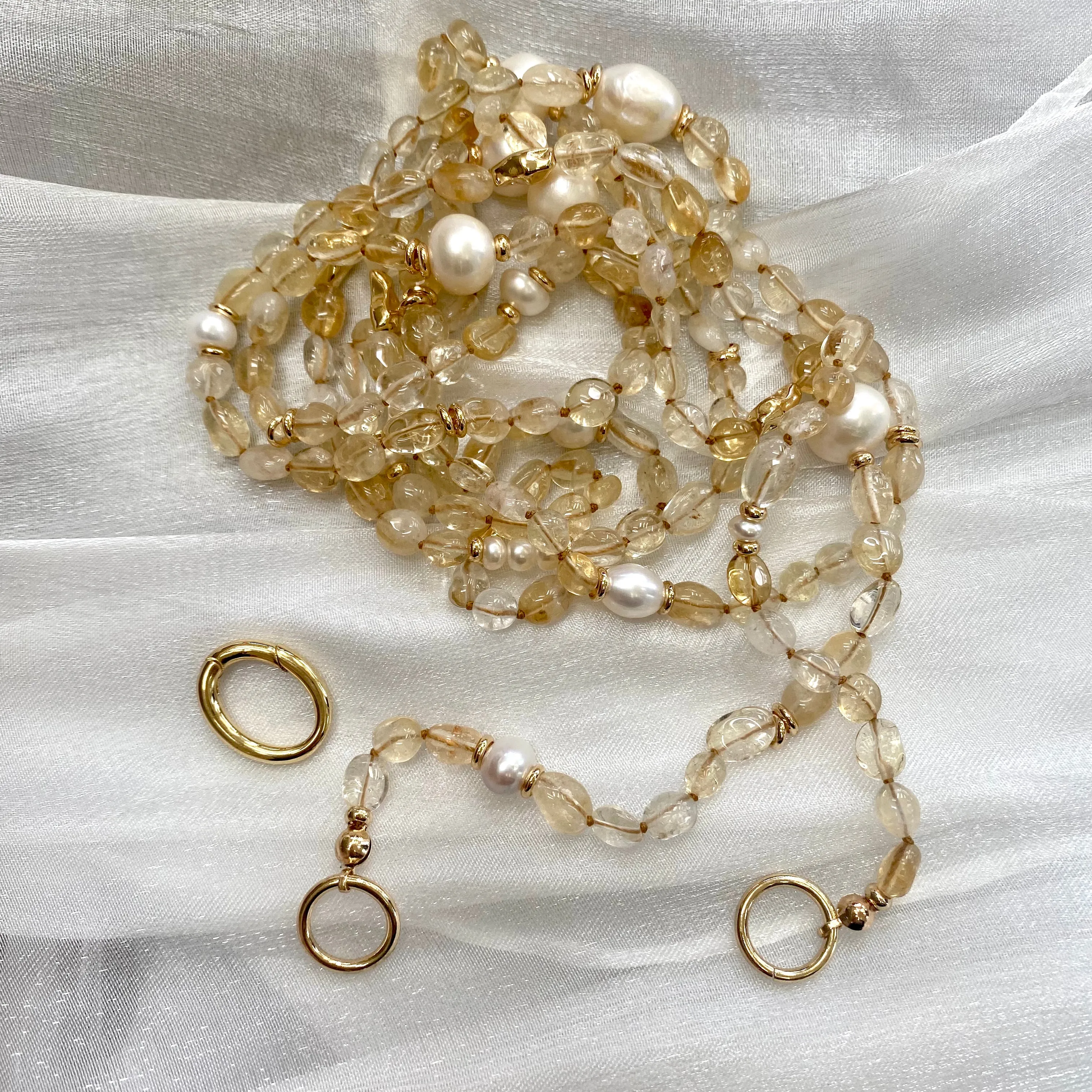 Hand Knotted Baroque Golden Citrine & Freshwater Pearl Necklace, 61 'inches, Gold Plated, November Birthstone