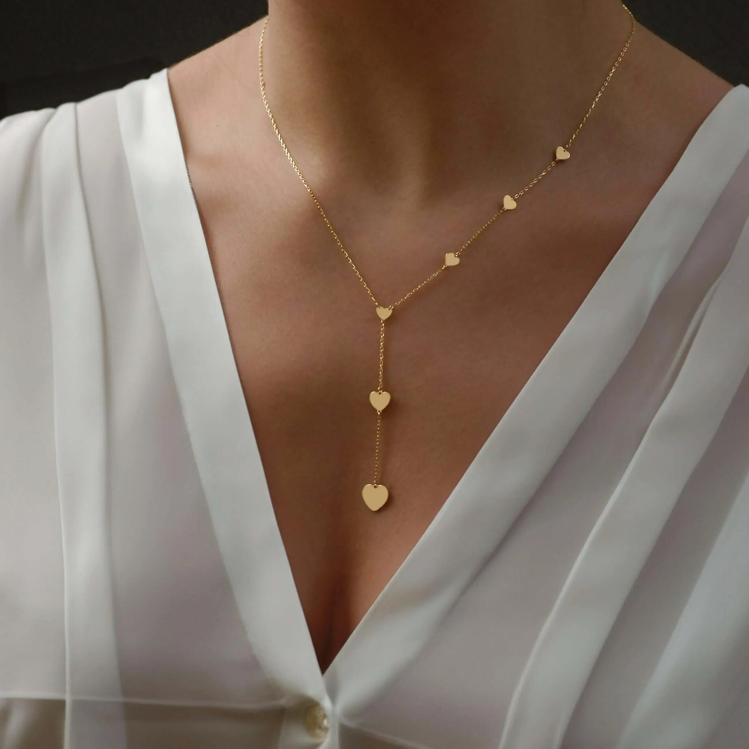 Heart Lariat Necklace | 14K Solid Gold