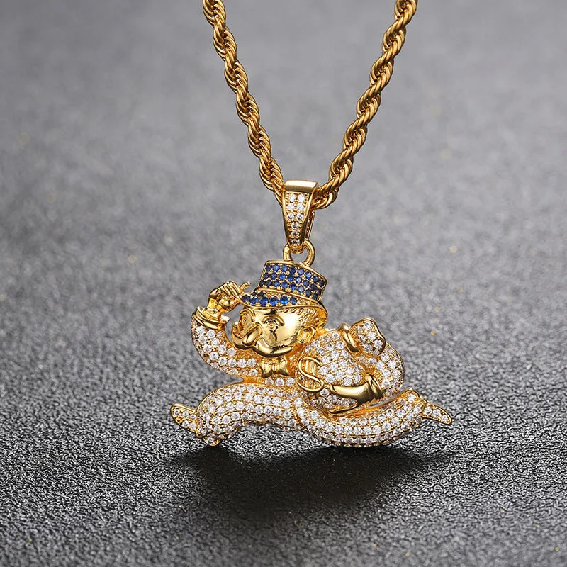 Hip-hop micro-inlaid zircon money bag running puppet men's pendant