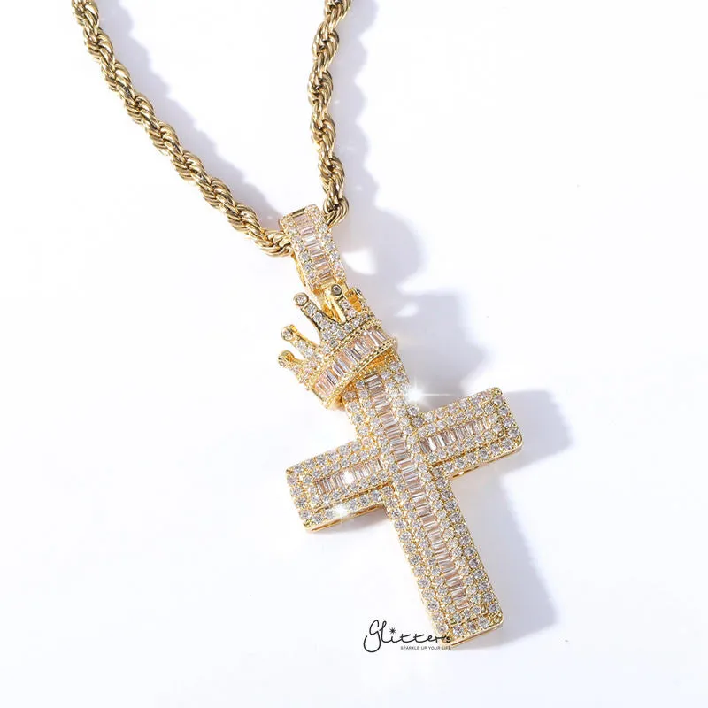 Iced Out Cross with Crown Pendant - Gold