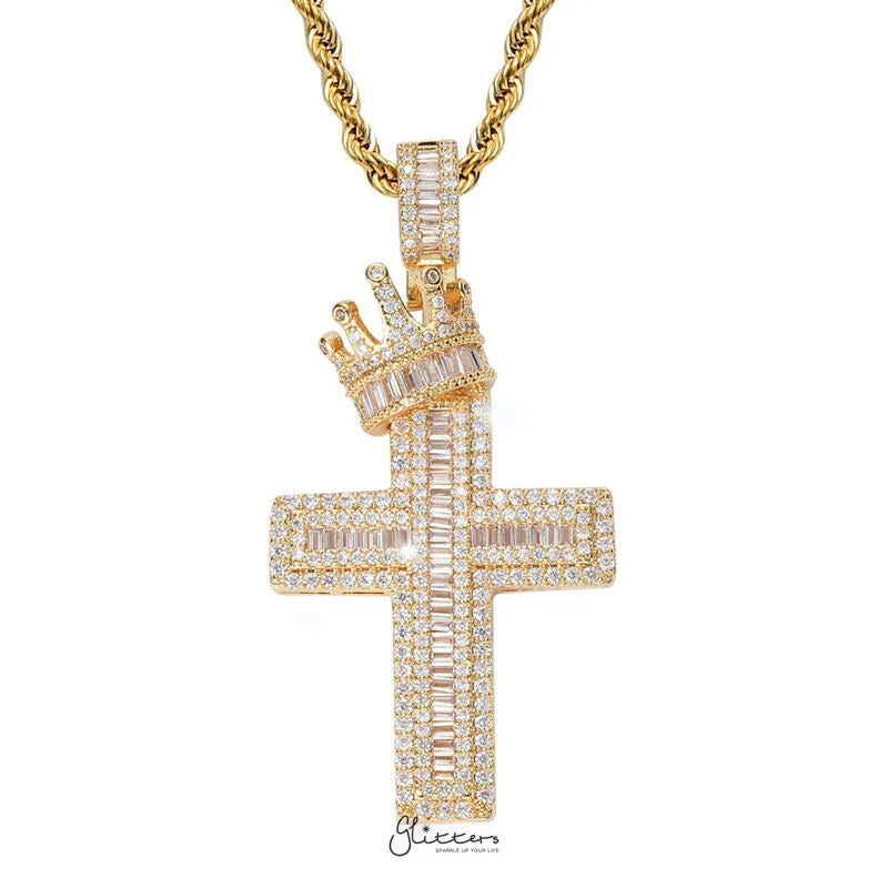 Iced Out Cross with Crown Pendant - Gold