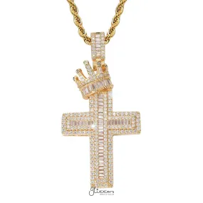 Iced Out Cross with Crown Pendant - Gold