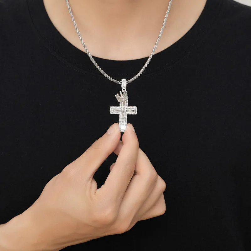 Iced Out Cross with Crown Pendant - Gold