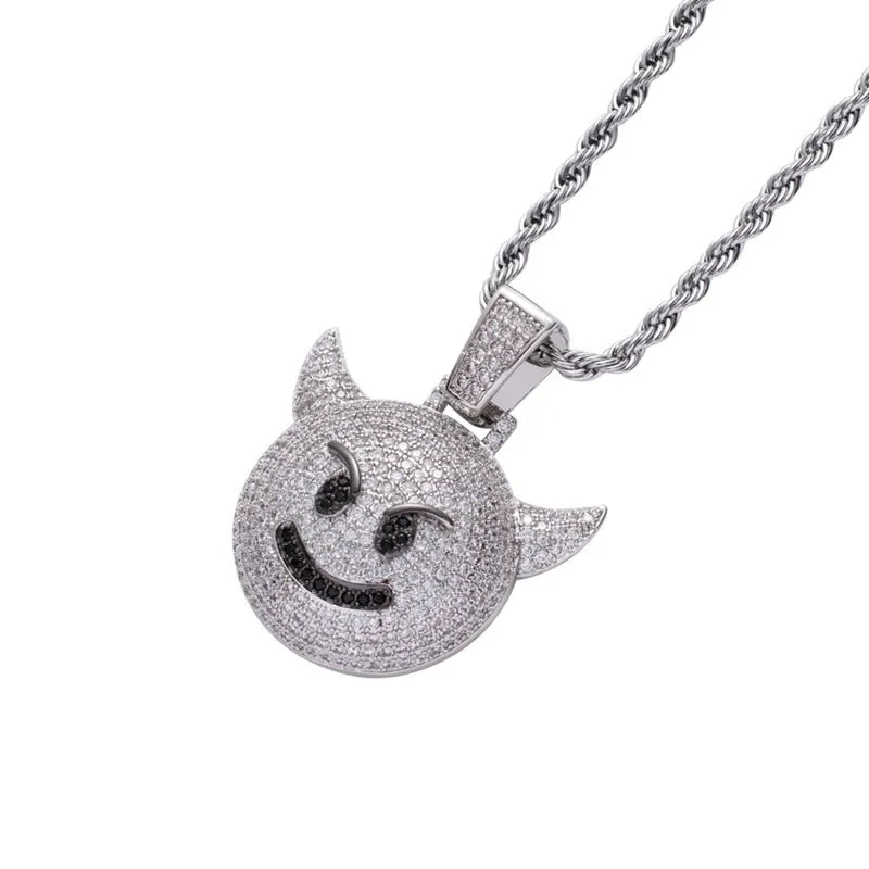 Iced Out Demon Evil Emoji Pendant - Silver