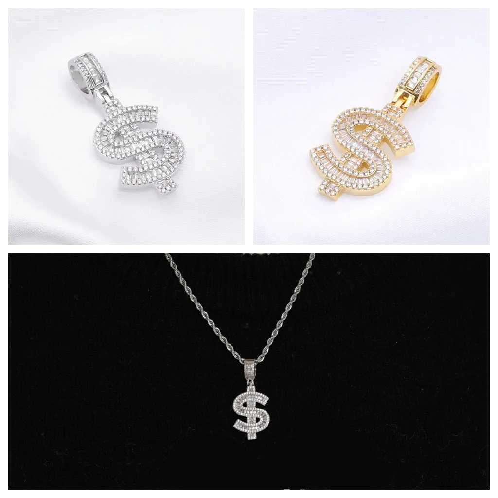 Iced Out Dollar Sign Pendant - Silver