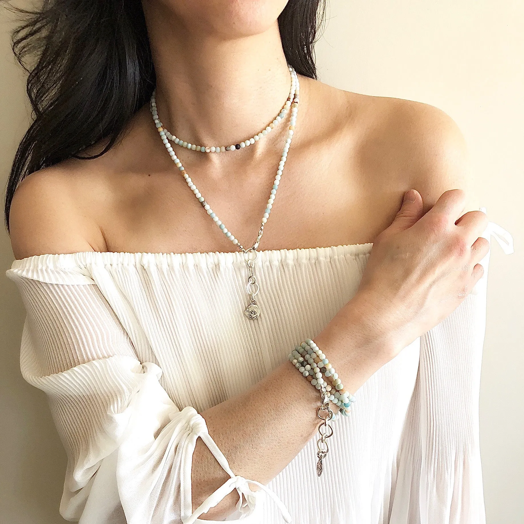 Inner Spirit:  Om Amazonite Beaded Necklace or Wrap Bracelet