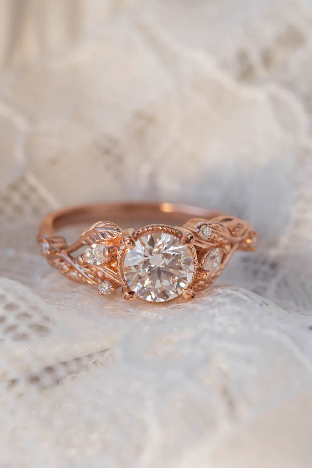 Lab grown diamond engagement ring, rose gold ring with leaves and diamonds / Patricia