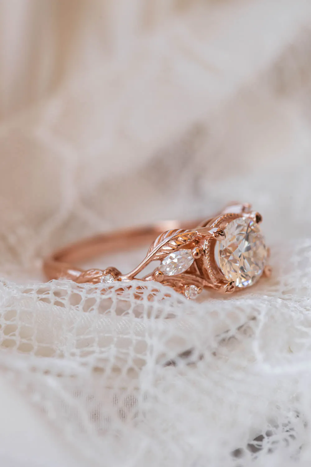 Lab grown diamond engagement ring, rose gold ring with leaves and diamonds / Patricia