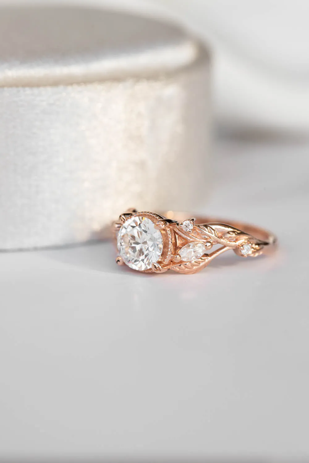 Lab grown diamond engagement ring, rose gold ring with leaves and diamonds / Patricia