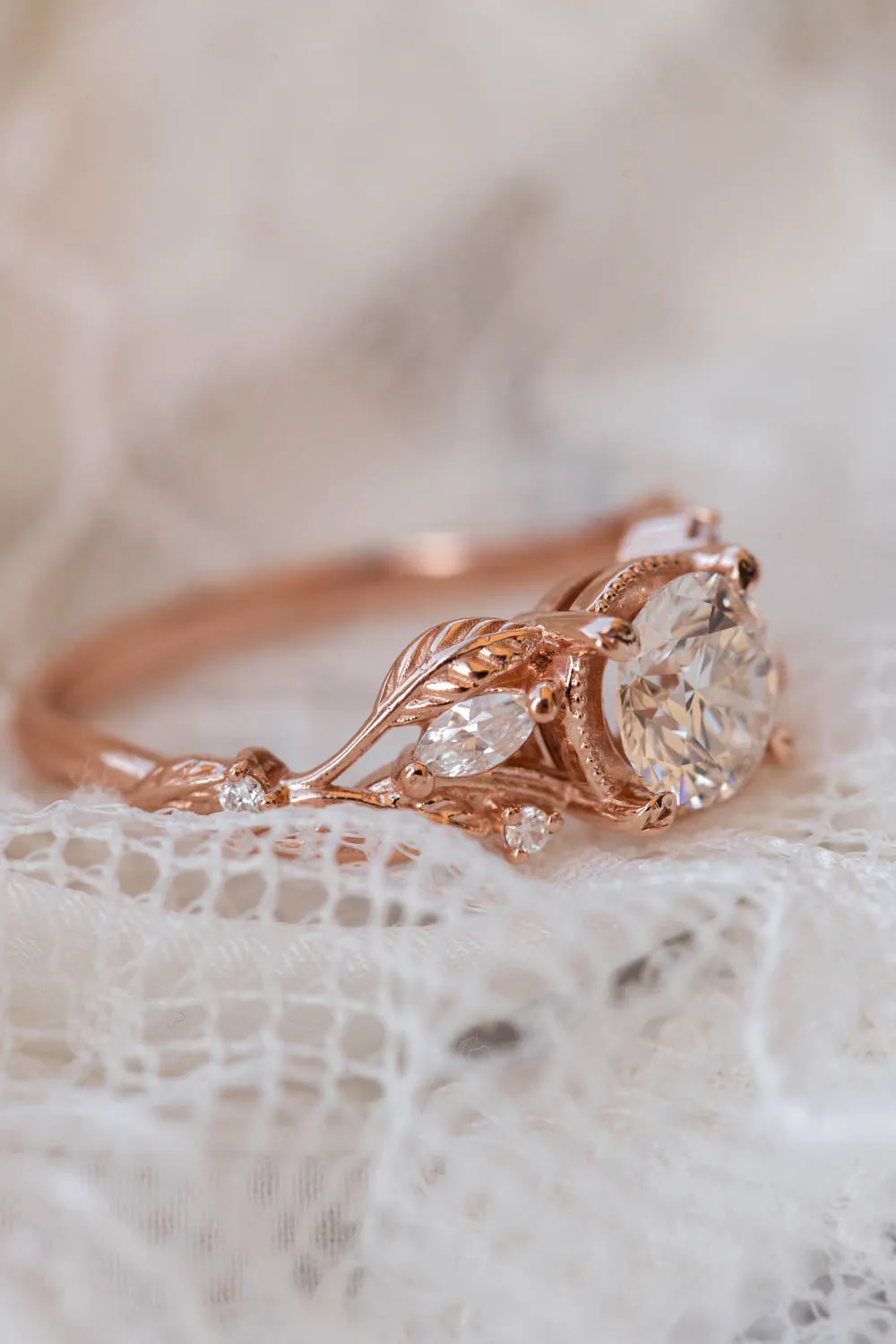 Lab grown diamond engagement ring, rose gold ring with leaves and diamonds / Patricia