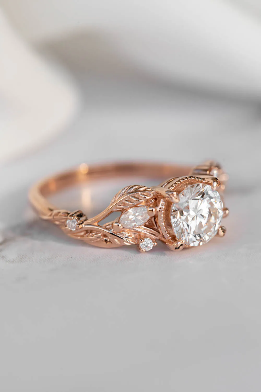 Lab grown diamond engagement ring, rose gold ring with leaves and diamonds / Patricia