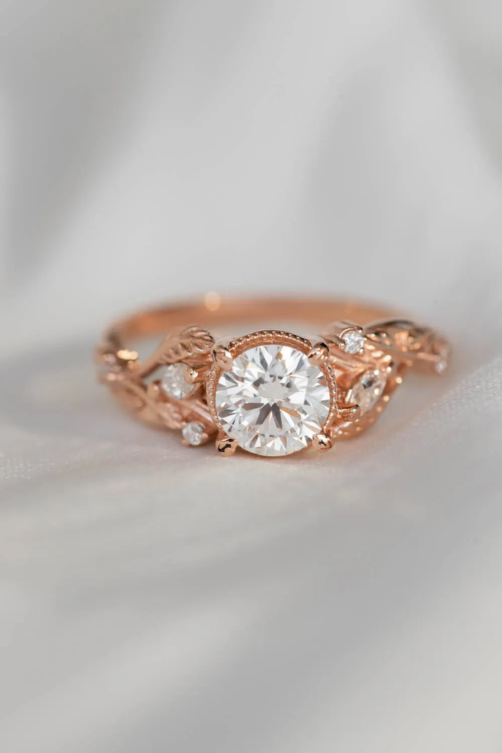 Lab grown diamond engagement ring, rose gold ring with leaves and diamonds / Patricia