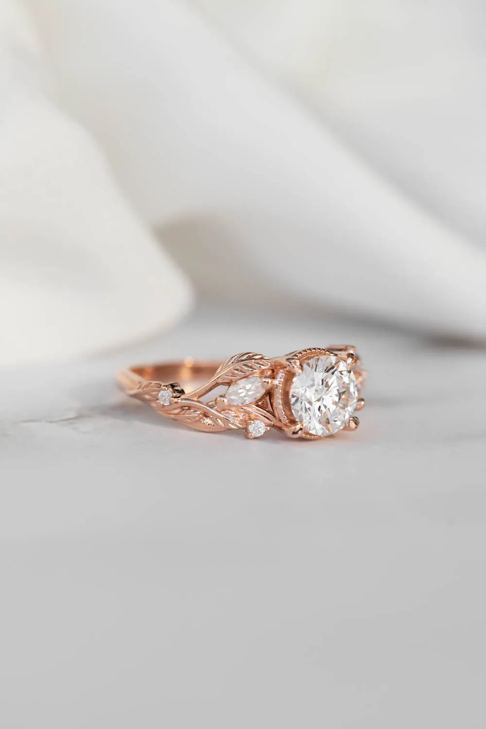 Lab grown diamond engagement ring, rose gold ring with leaves and diamonds / Patricia