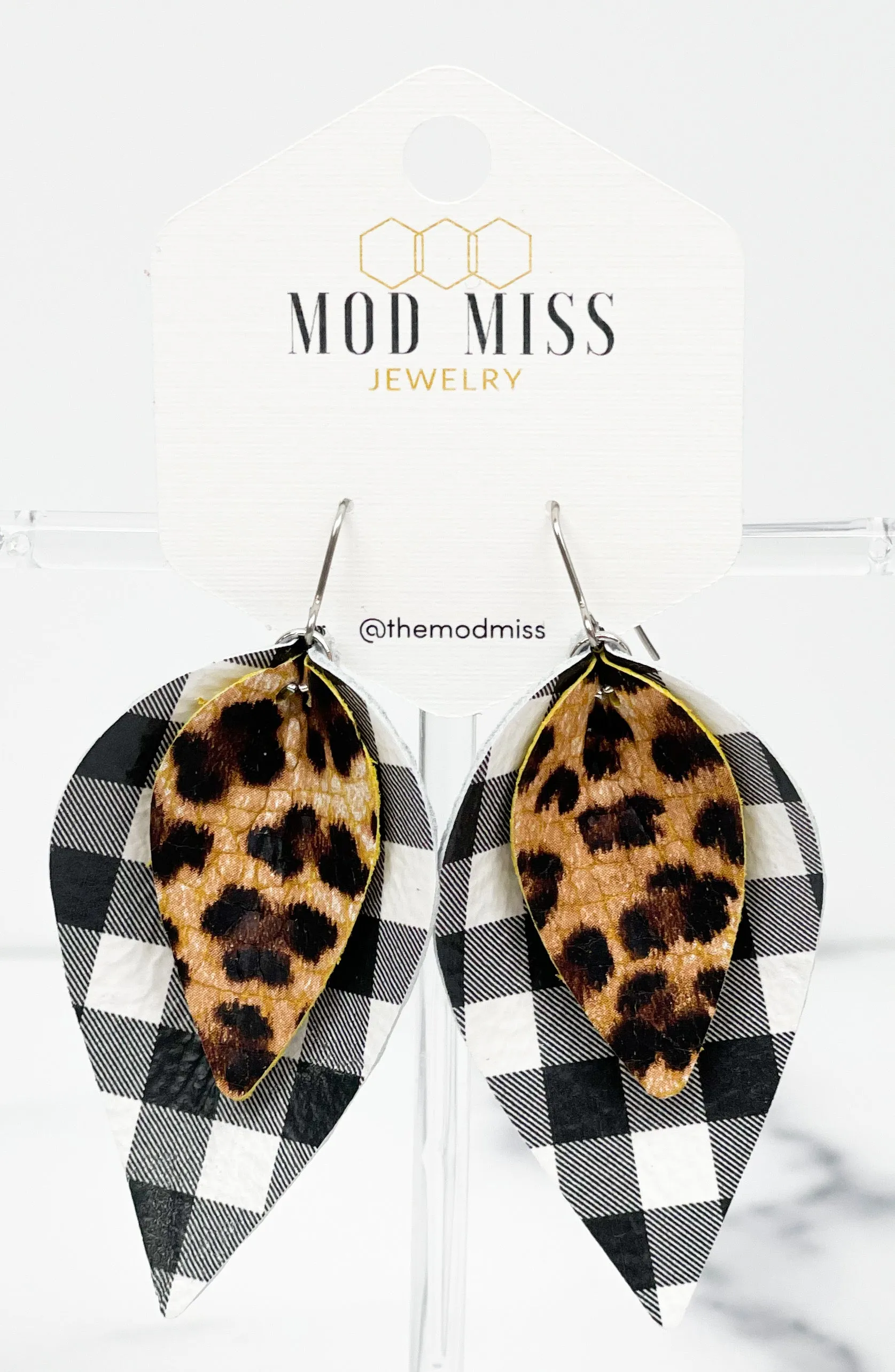 Leather Stacked Petal Earring LeopardCrackle on MiniWhiteBuffaloPlaid