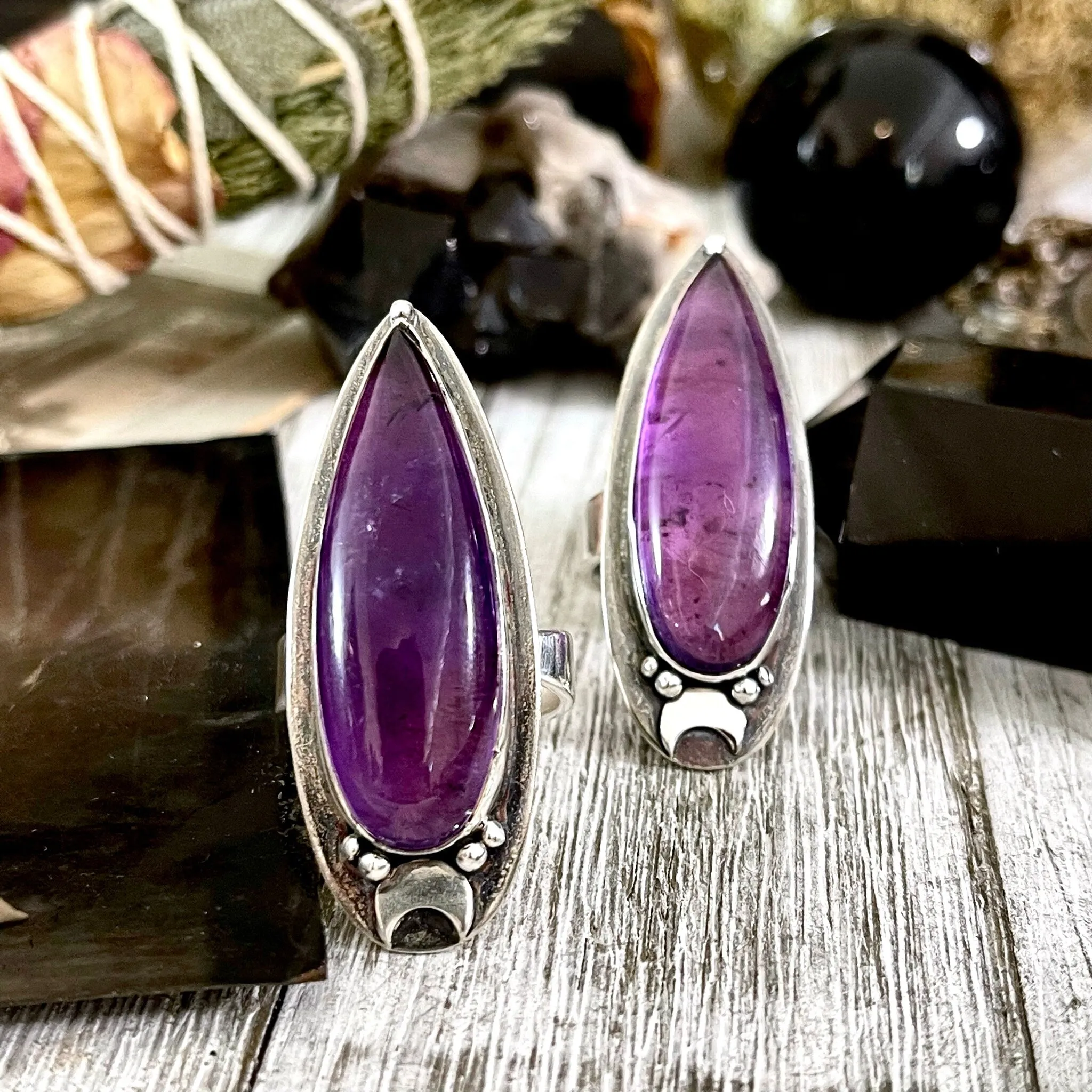 Magic Moons Amethyst Ring in Solid Sterling Silver- Designed by FOXLARK Collection Adjustable to Size 6 7 8 9 10 / Crystal Witchy Jewelry