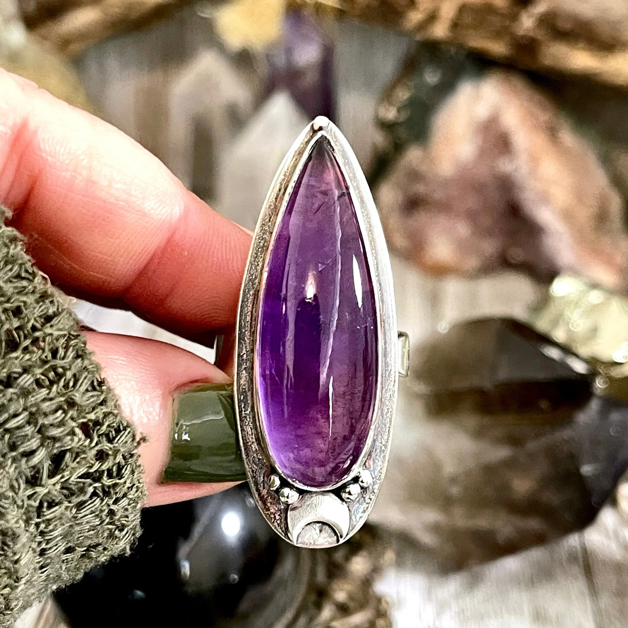 Magic Moons Amethyst Ring in Solid Sterling Silver- Designed by FOXLARK Collection Adjustable to Size 6 7 8 9 10 / Crystal Witchy Jewelry