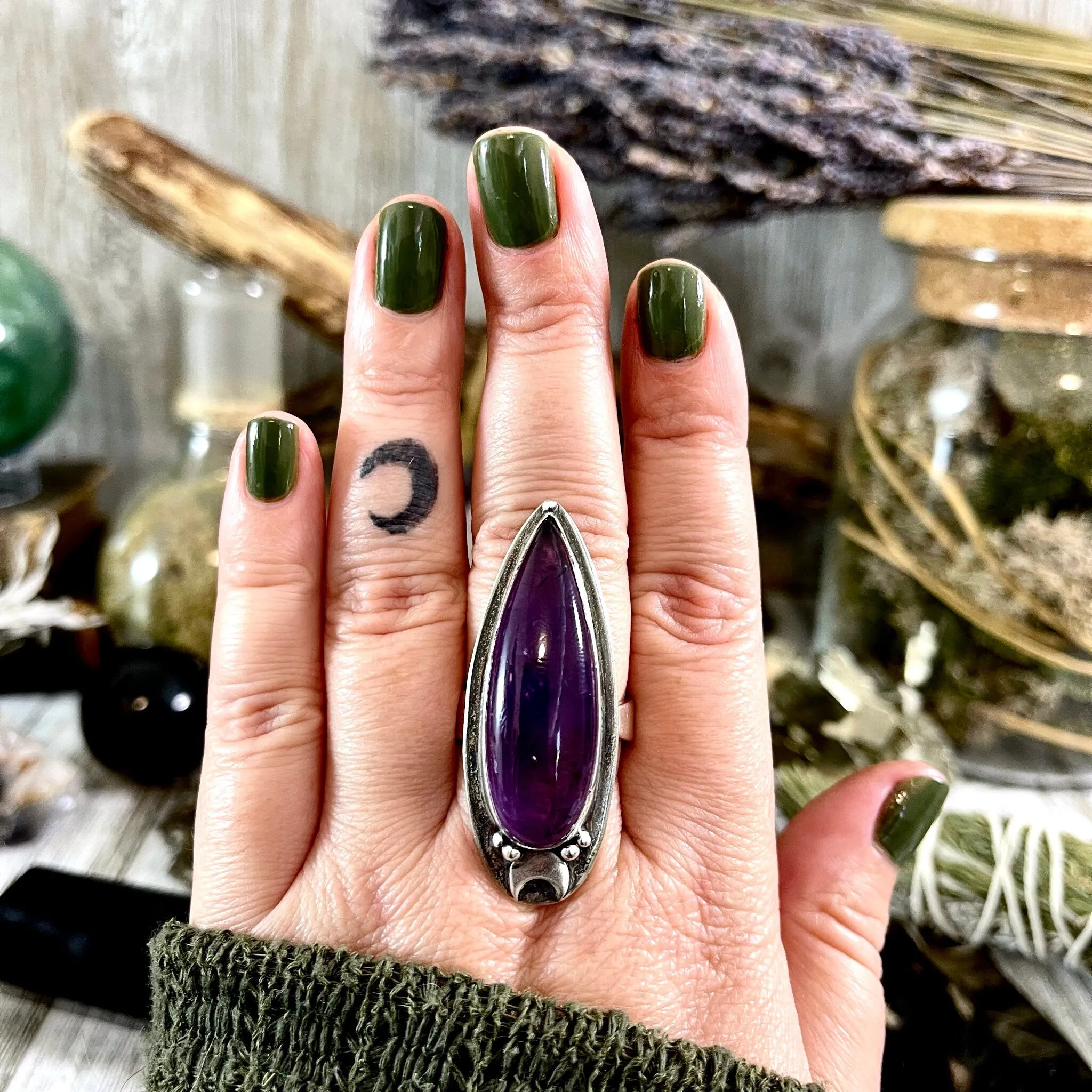 Magic Moons Amethyst Ring in Solid Sterling Silver- Designed by FOXLARK Collection Adjustable to Size 6 7 8 9 10 / Crystal Witchy Jewelry